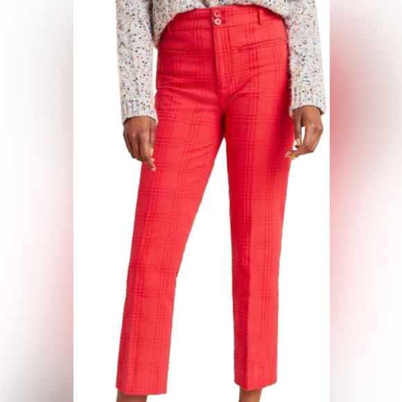 Anthropologie Essential Slim Jacquard Ankle Pants Trousers Red Size 6 - Picture 3 of 15
